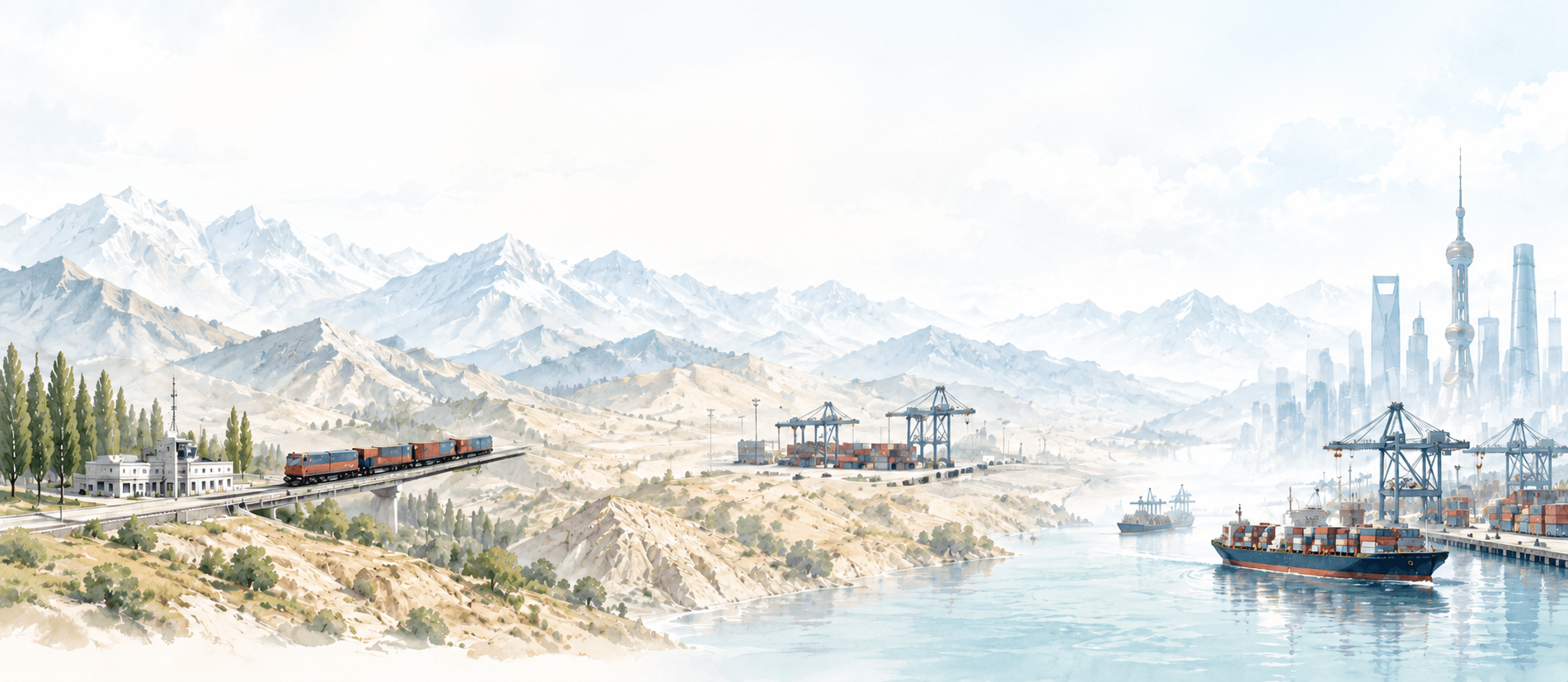 Watercolor landscape connecting Almaty, Khorgos rail terminal and Shanghai port