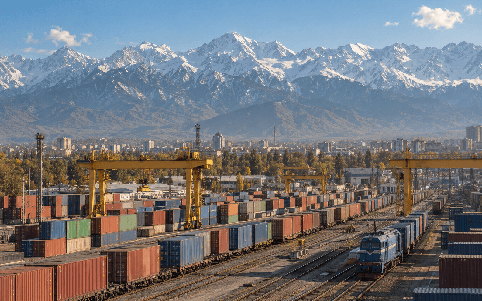 Container trains and cranes at a freight terminal with Almaty’s snowy mountains in the background