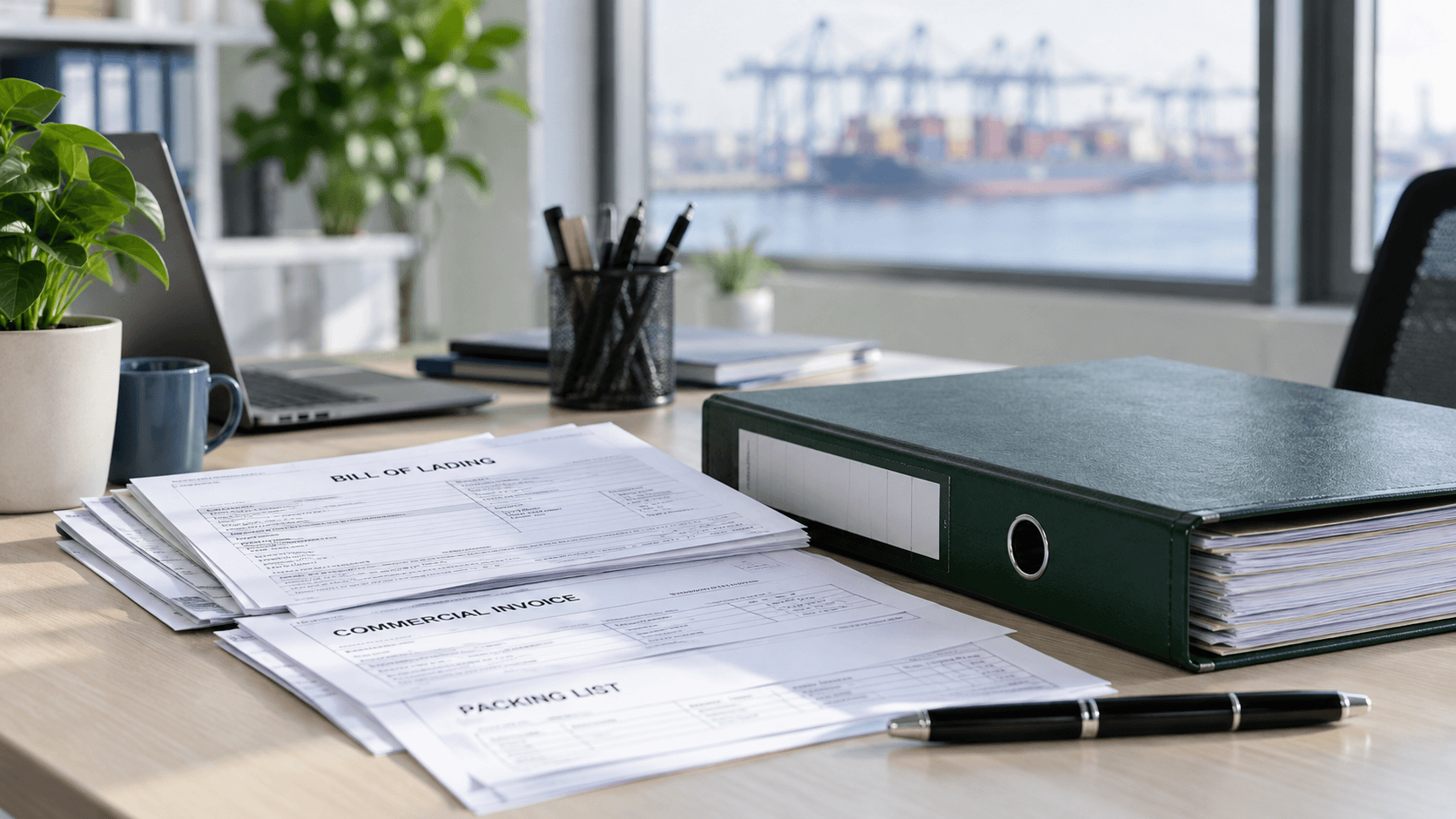 Shipping paperwork, a green document binder and a pen on an office desk