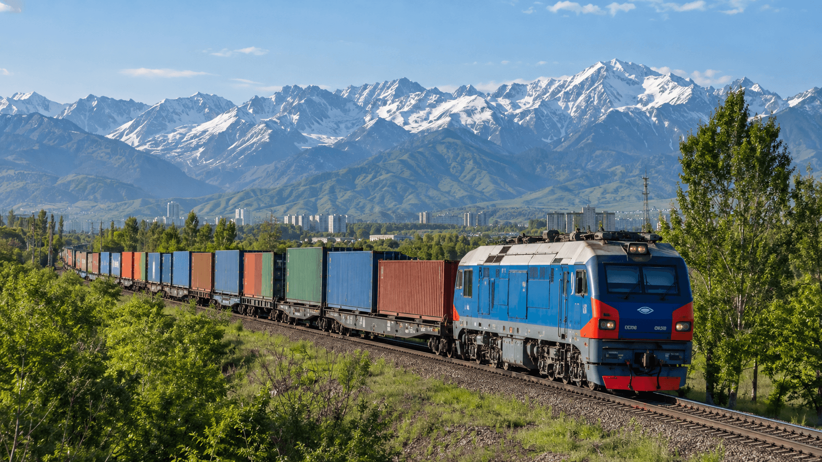 Container train near Almaty with the snow-covered Tian Shan mountains behind it
