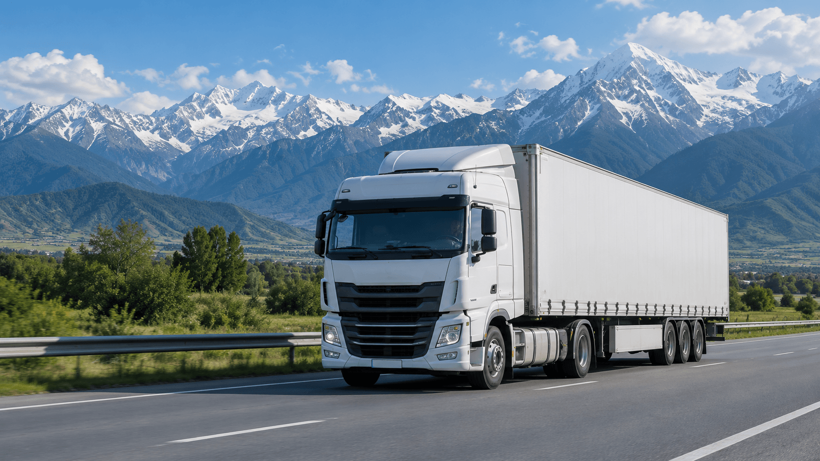 White freight truck on a highway beneath the Tian Shan mountains