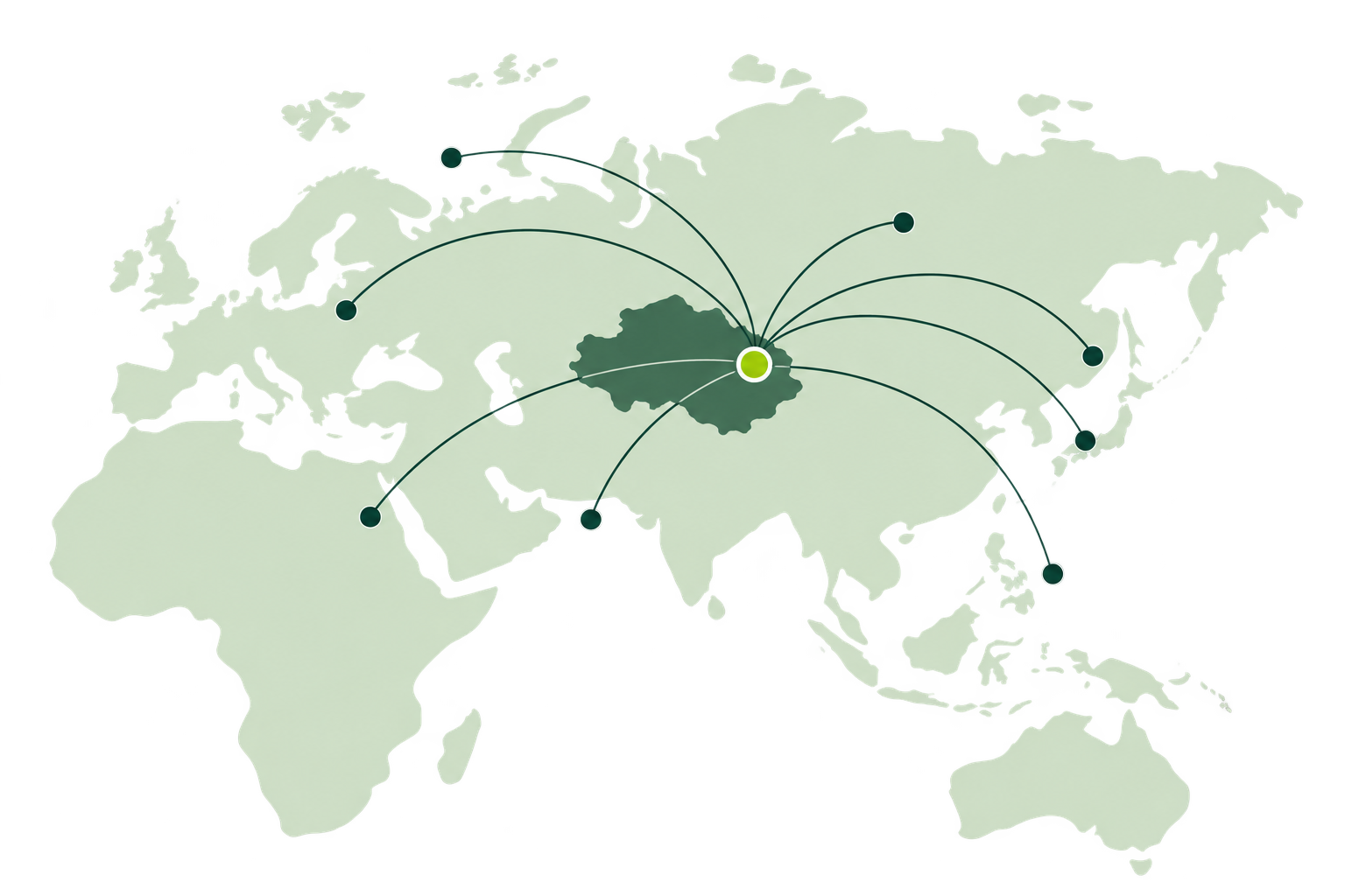 Illustrative connections from Kazakhstan to destinations across Europe, Africa and Asia