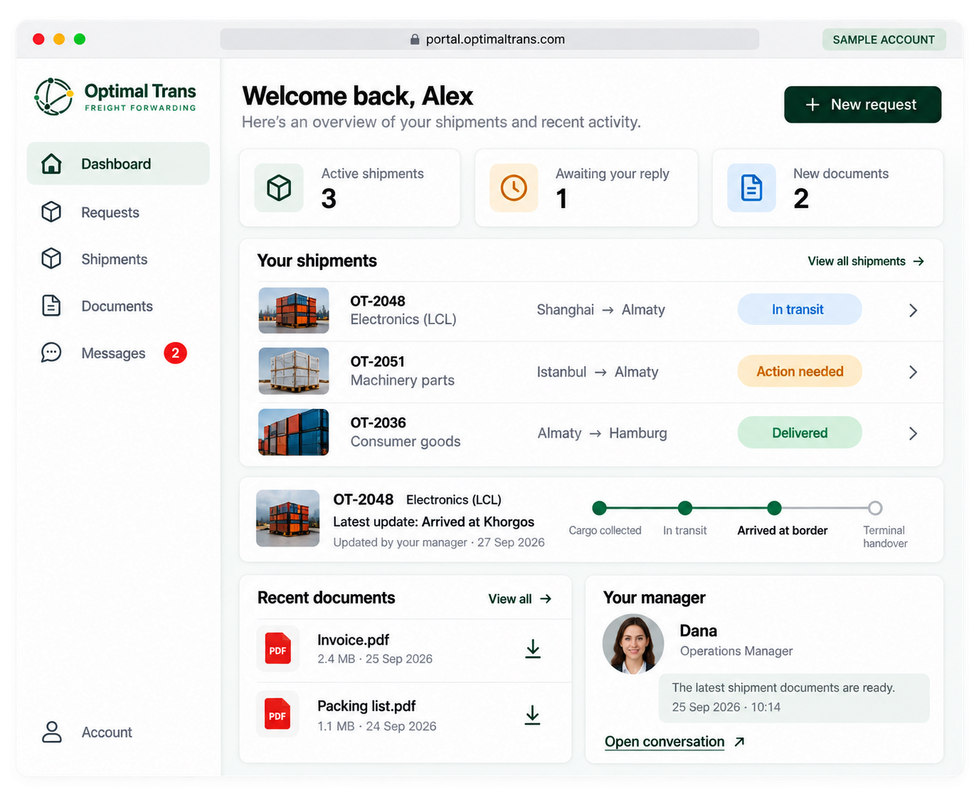 Sample Optimal Trans client dashboard with shipment statuses, a shipment timeline, recent documents and a conversation with the manager.