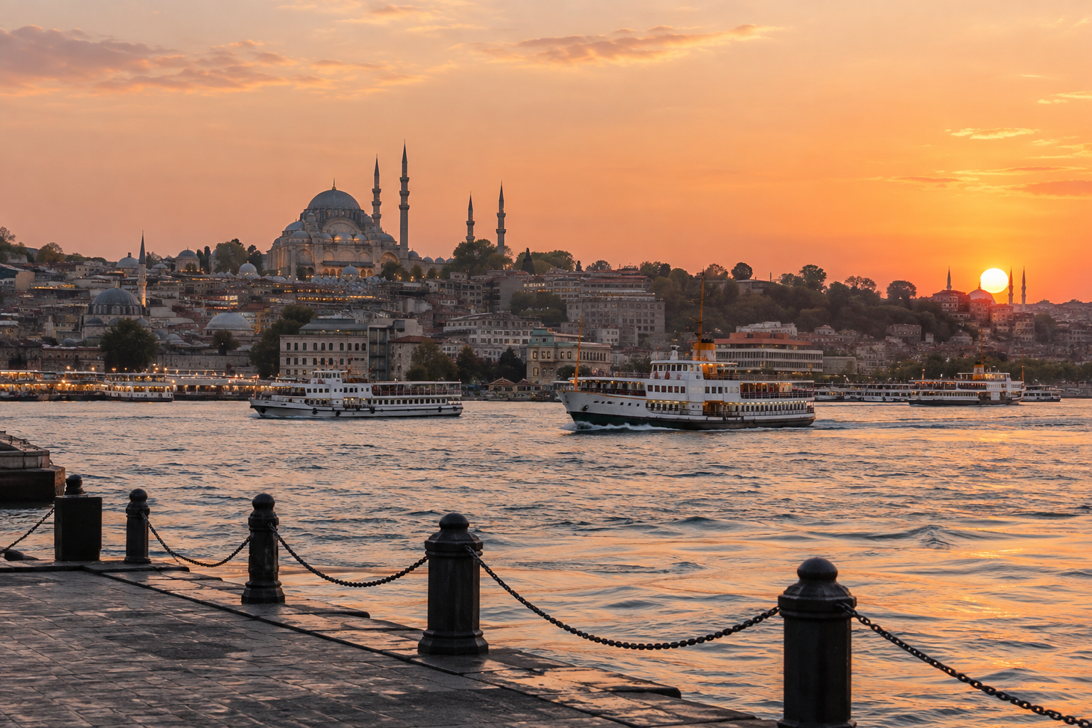 Illustrative Istanbul waterfront at sunset